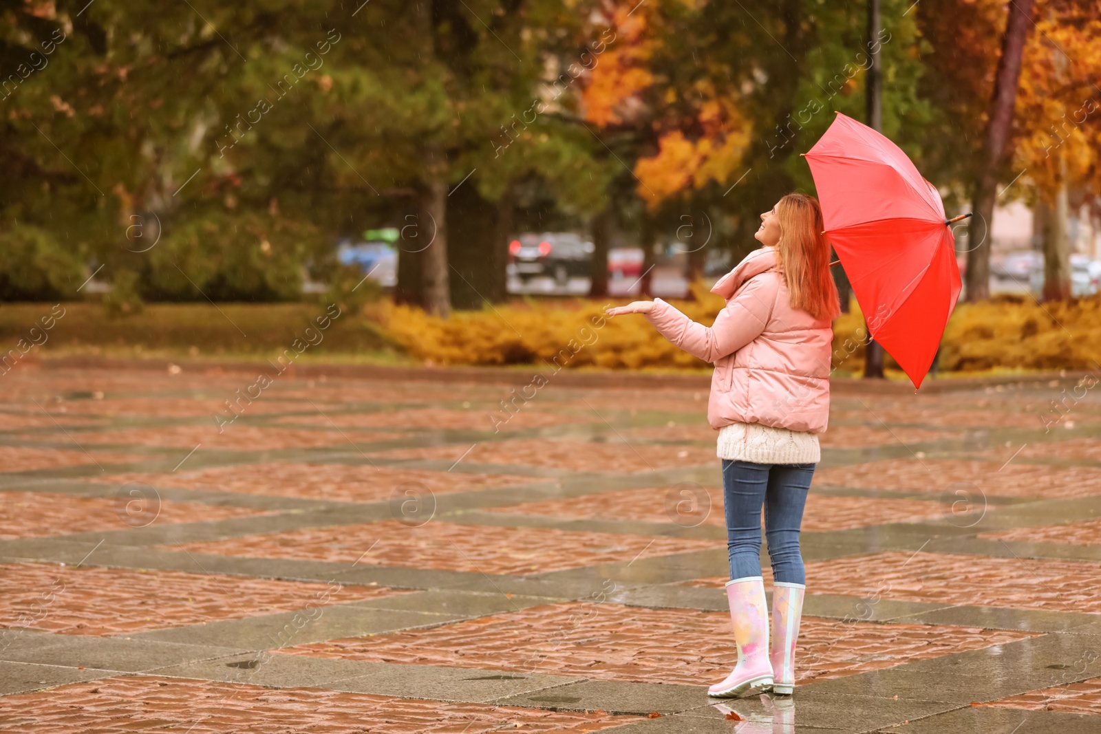 Photo of Woman with umbrella in autumn park on rainy day