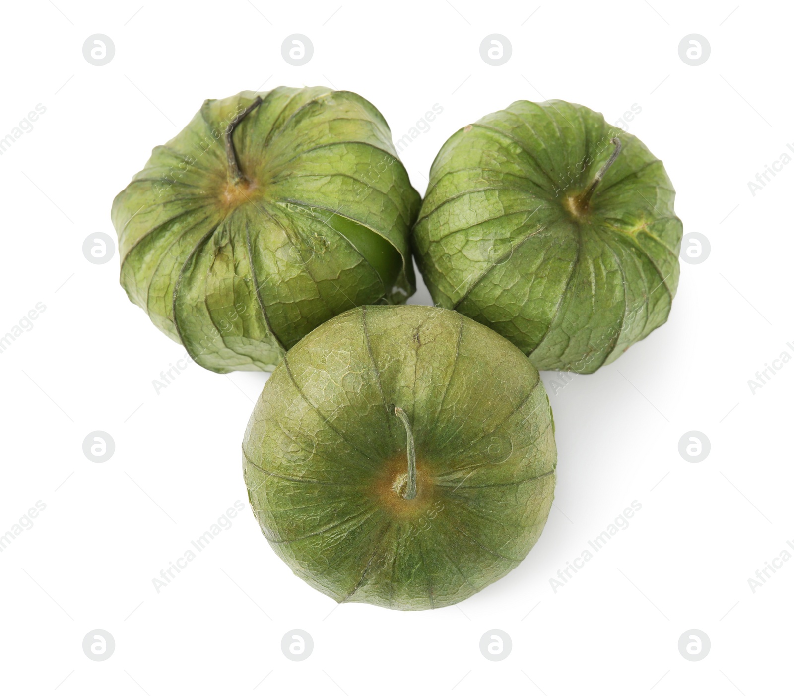 Photo of Fresh green tomatillos with husk isolated on white, top view