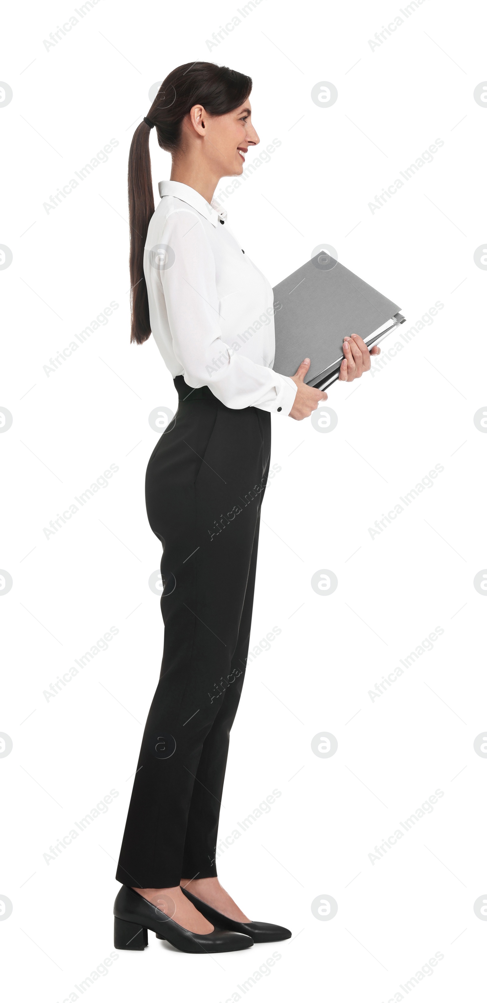 Photo of Happy businesswoman with folders on white background