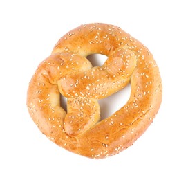 Tasty freshly baked pretzel isolated on white, top view