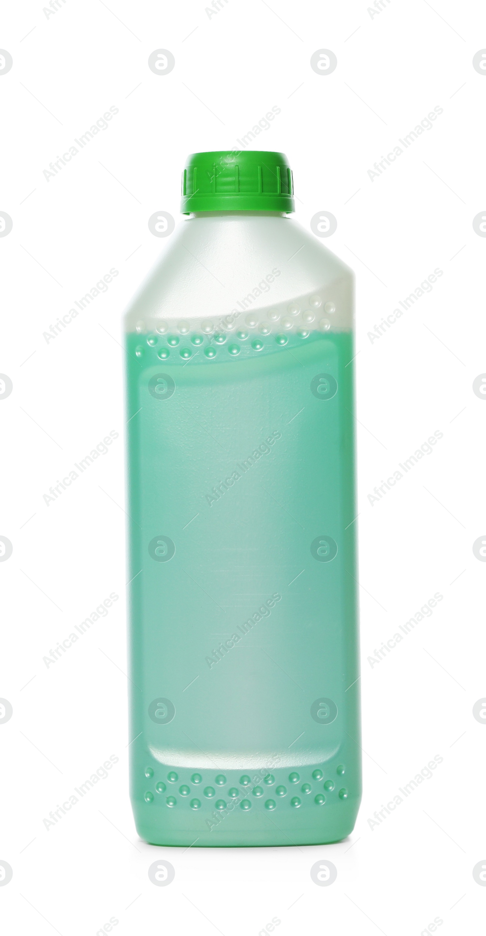 Photo of Antifreeze in plastic bottle isolated on white