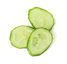Photo of Slices of cucumber for burger isolated on white, top view