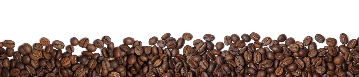 Image of Many roasted coffee beans on white background, top view. Banner design