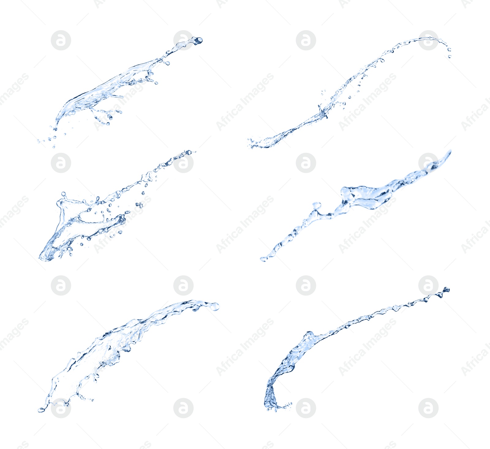 Image of Set with clear water splashes on white background