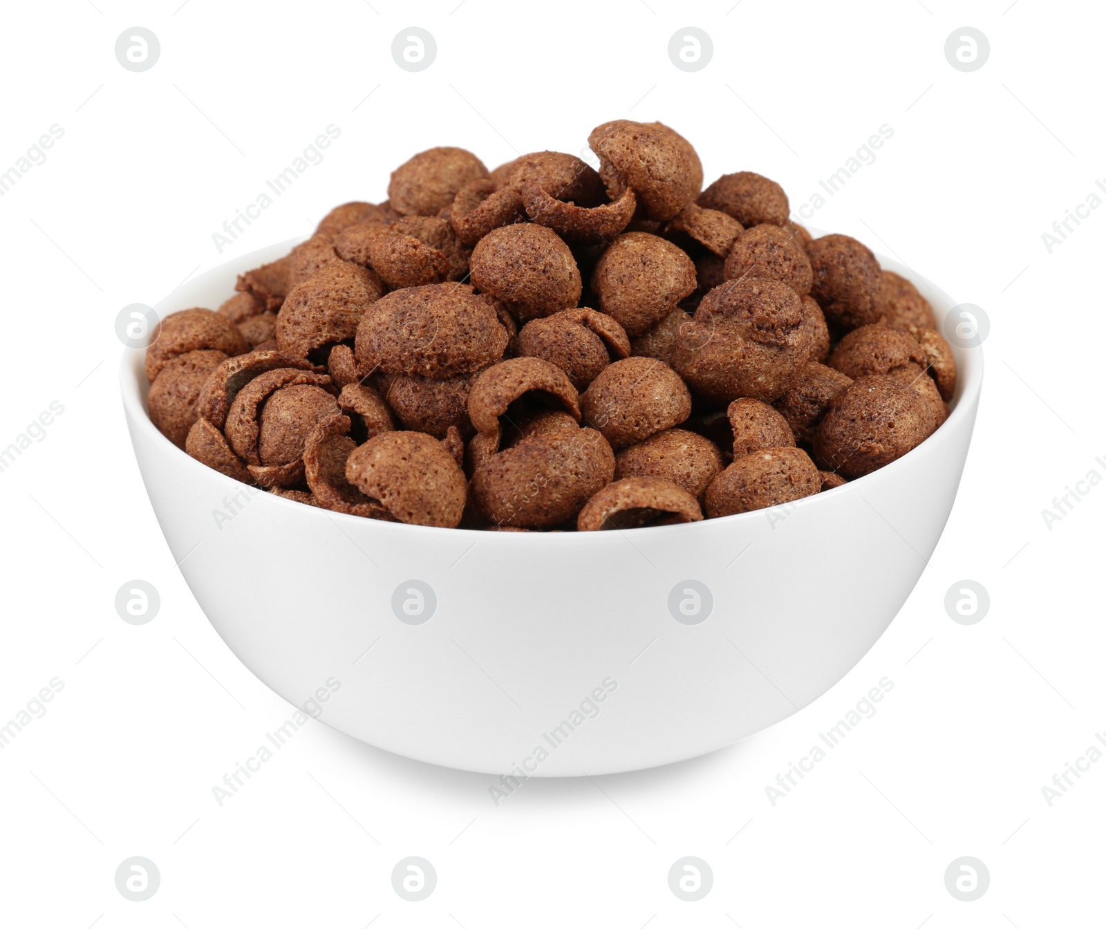 Photo of Bowl of sweet crispy corn cereals on white background. Healthy breakfast