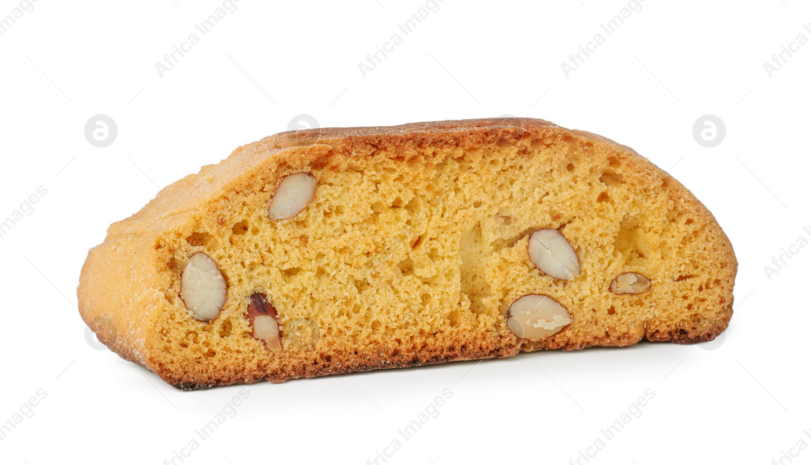 Photo of Slice of tasty cantucci isolated on white. Traditional Italian almond biscuits