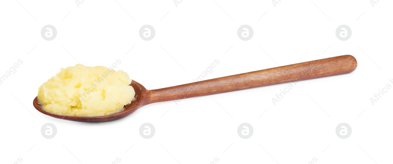Photo of Wooden spoon of Ghee butter isolated on white