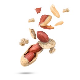 Image of Peanuts and crushed pod in air on white background