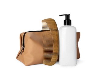 Photo of Preparation for spa. Compact toiletry bag and different cosmetic products isolated on white