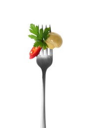 Fork with tasty marinated mushroom, chili pepper and parsley isolated on white