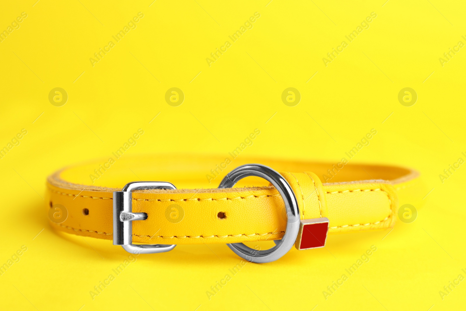 Photo of Leather dog collar on yellow background, closeup. Space for text