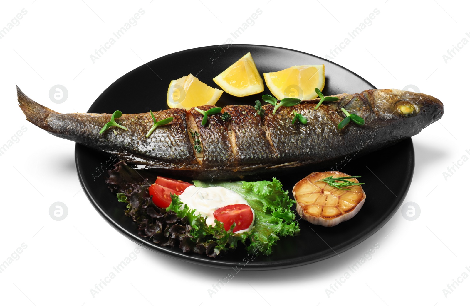 Photo of Plate with delicious sea bass fish and ingredients isolated on white