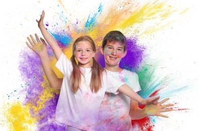 Holi festival celebration. Happy friends covered with colorful powder dyes on white background