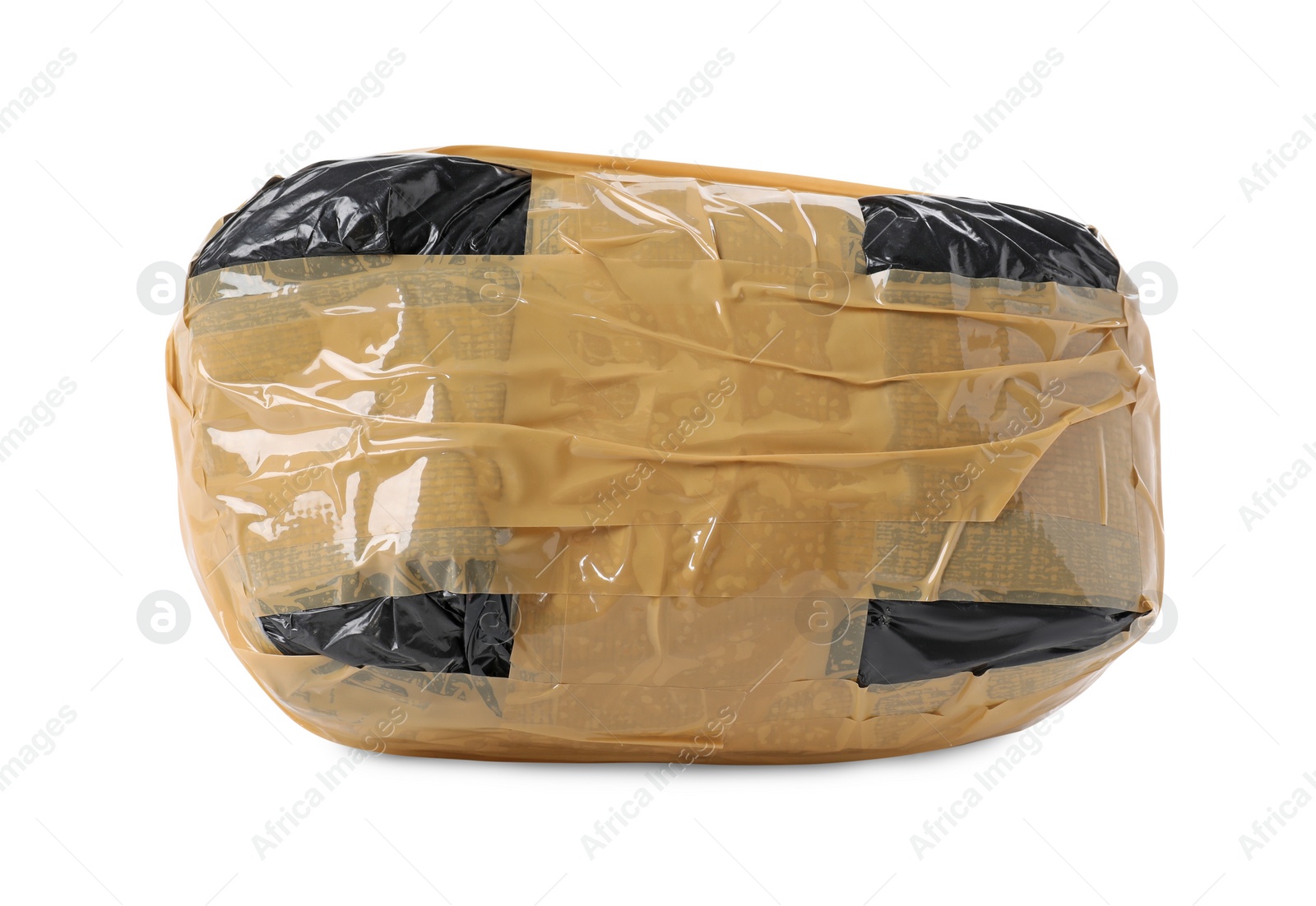 Photo of Package with narcotics isolated on white. Drug addiction