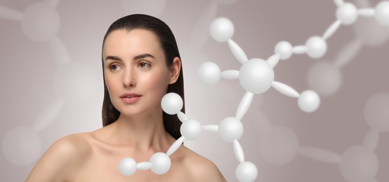 Image of Beautiful woman with perfect healthy skin and molecular model on grey background, banner design. Innovative cosmetology