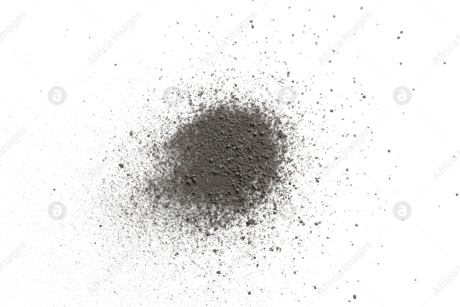 Photo of Pile of black dust scattered on white background, top view