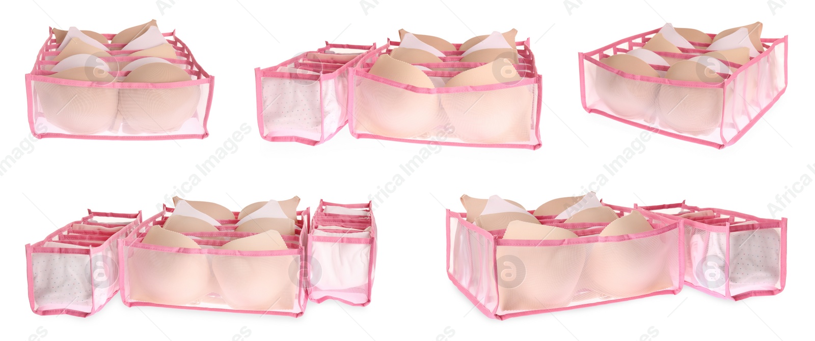 Image of Set with organizers for underwear on white background. Banner design