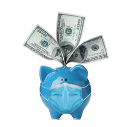 Image of Piggy bank with face mask and money bills isolated on white