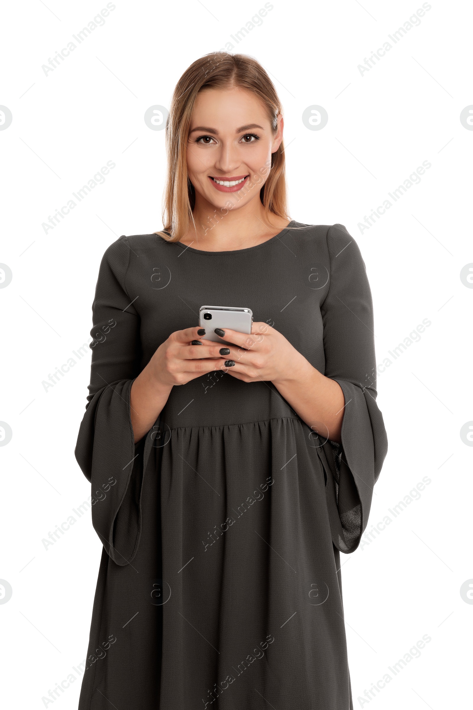 Photo of Beautiful woman using smartphone on white background