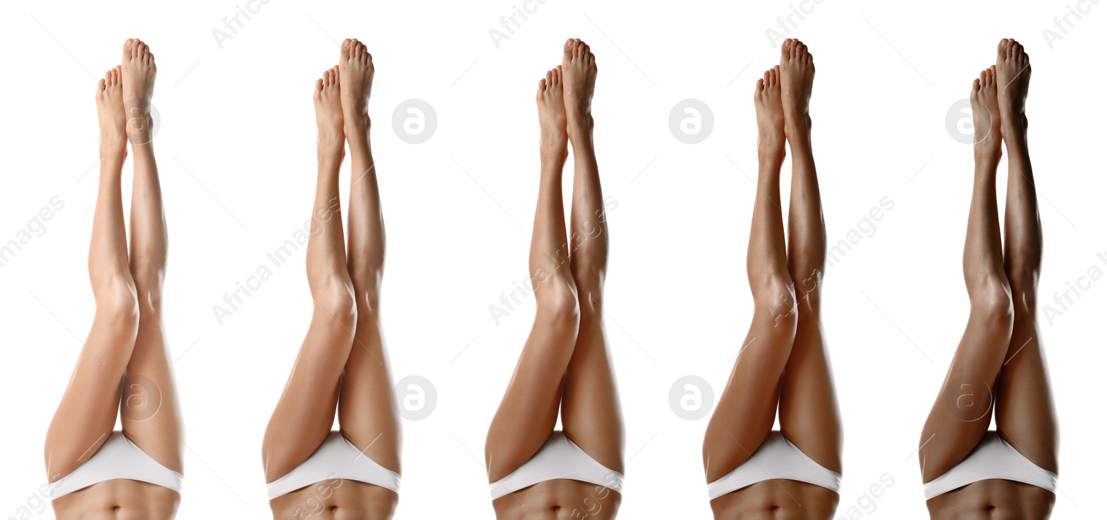 Image of Collage with photos of women with smooth silky skin after epilation, closeup view of legs. Banner design