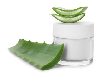 Photo of Jar of natural cream and cut aloe leaves isolated on white