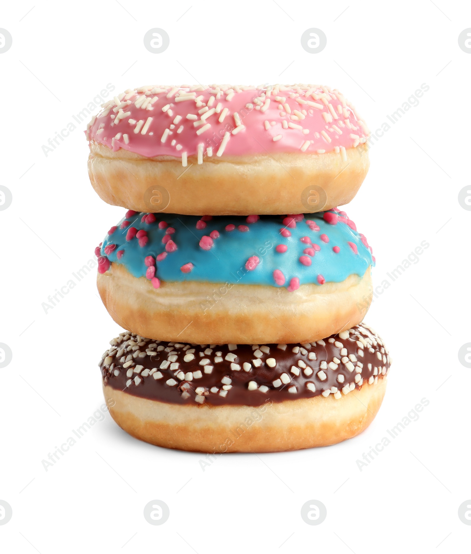 Photo of Delicious glazed doughnuts with sprinkles on white background