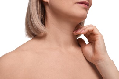 Photo of Woman touching her neck on white background, closeup