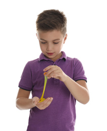 Photo of Little boy with slime on white background