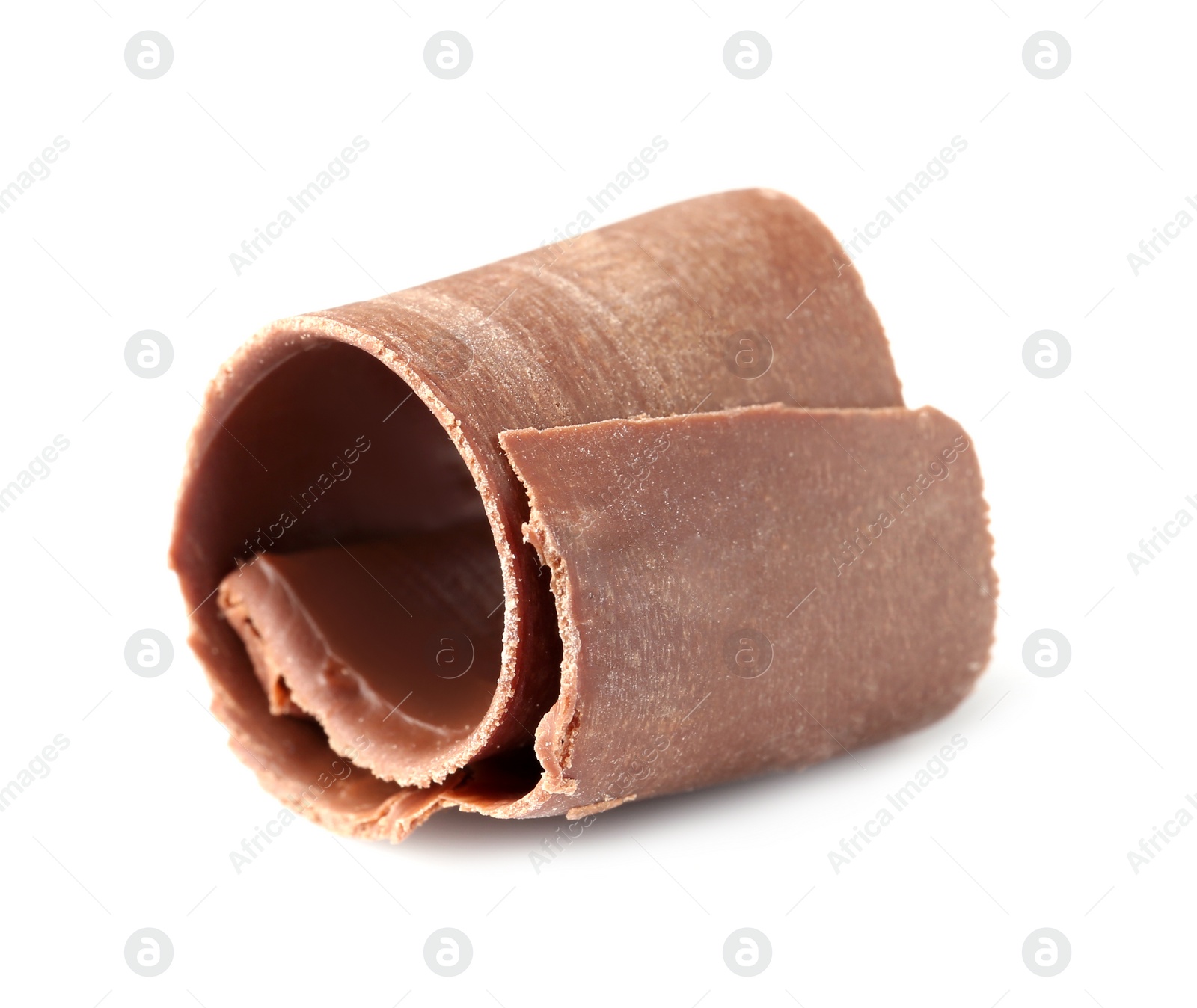 Photo of Curl of tasty chocolate on white background