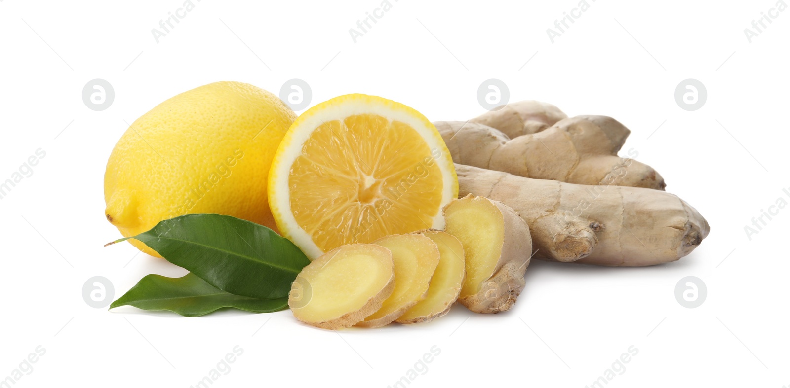 Photo of Fresh lemons and ginger on white background