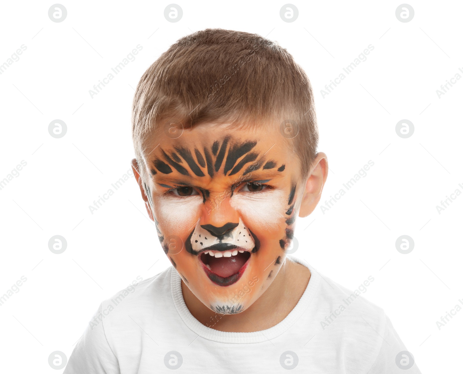 Photo of Cute little boy with face painting on white background