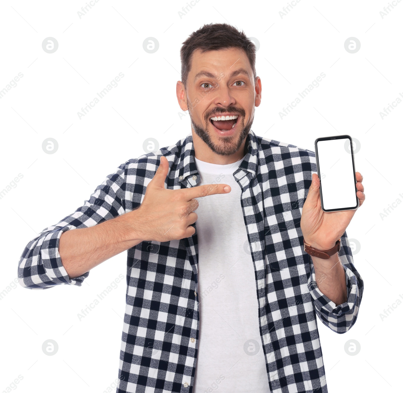 Photo of Emotional man pointing at smartphone on white background