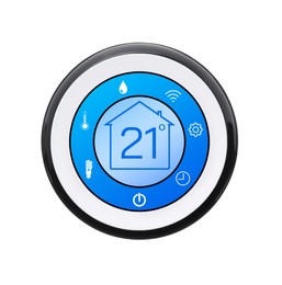 Image of Thermostat displaying temperature in Celsius scale and different icons. Smart home device on white background