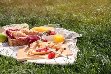 Photo of Blanket with different products on green grass, space text. Summer picnic