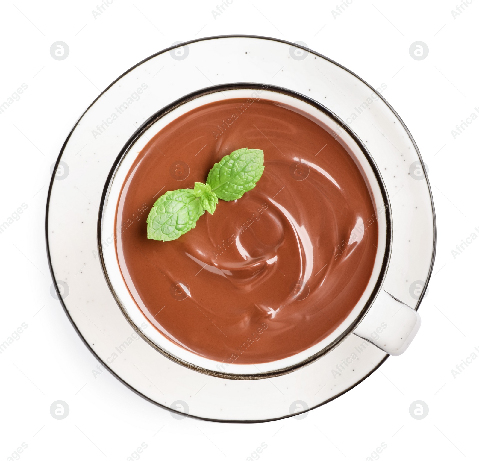Photo of Cup of delicious hot chocolate with mint isolated on white, top view