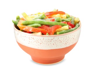 Photo of Mix of different frozen vegetables in bowl isolated on white