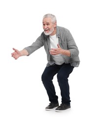 Senior man greeting someone on white background