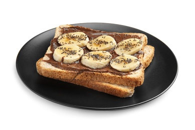 Photo of Slice of bread with chocolate paste and banana on white background