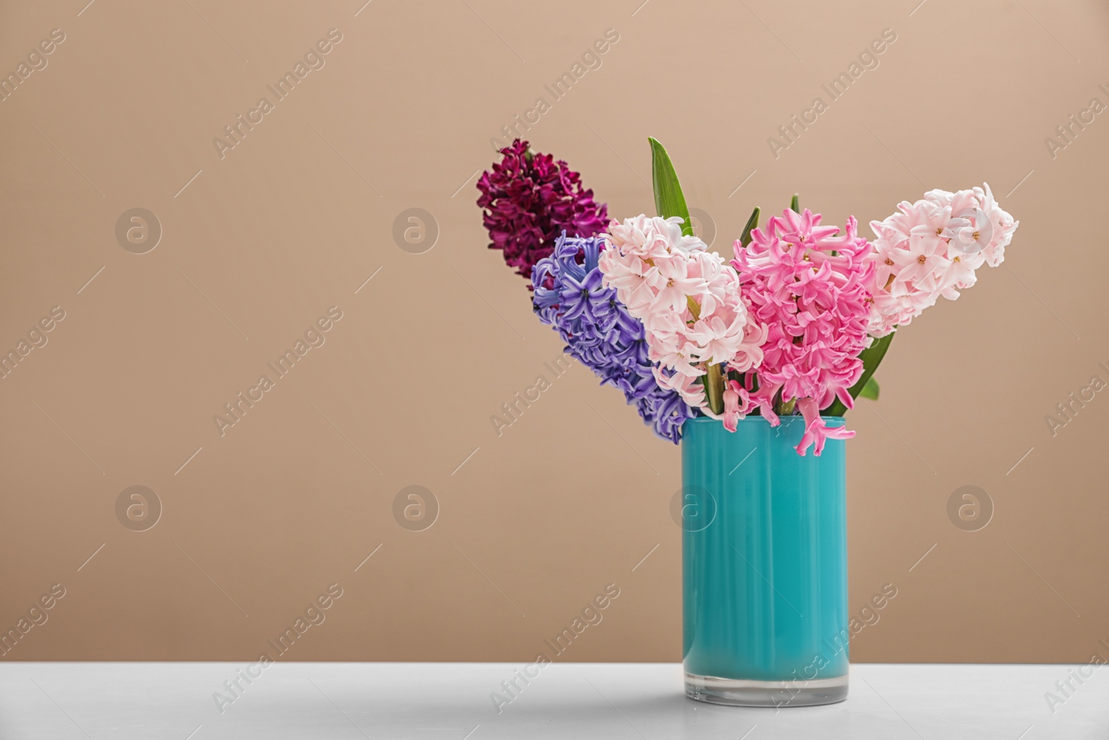 Photo of Beautiful hyacinths in blue vase on table against color background, space for text. Spring flowers