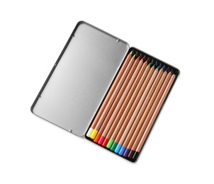 Box with many colorful pastel pencils isolated on white, top view. Drawing supplies