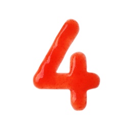 Number 4 written with red sauce on white background