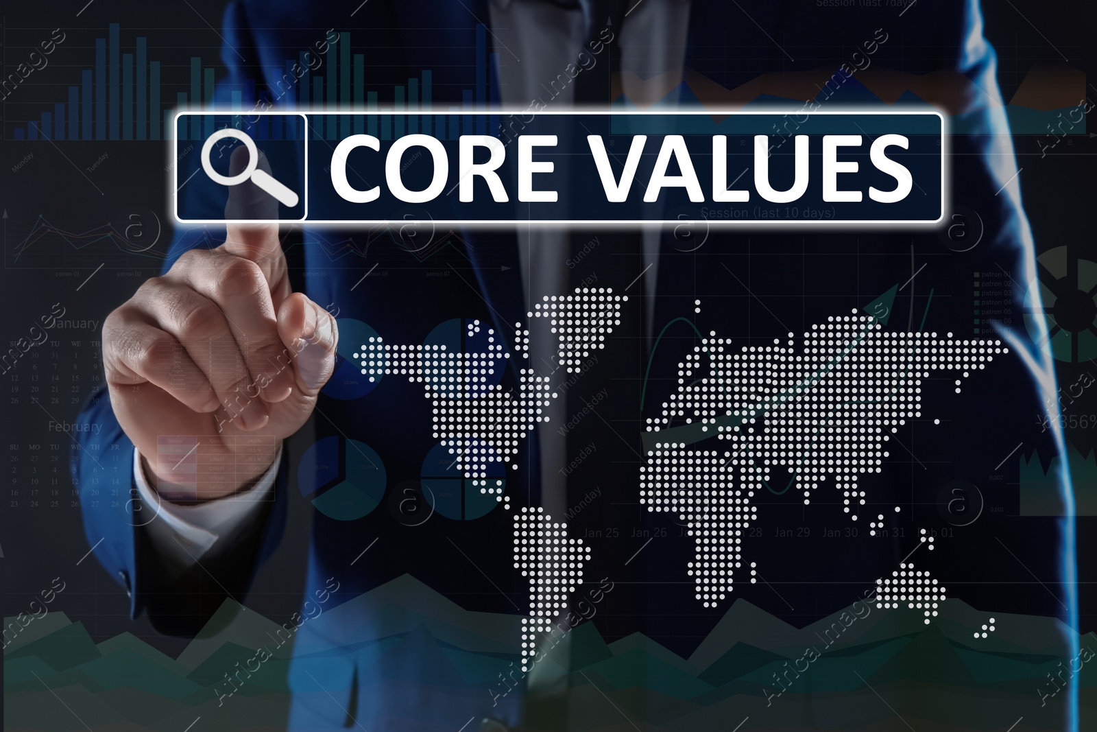 Image of Core values concept. Businessman using virtual screen