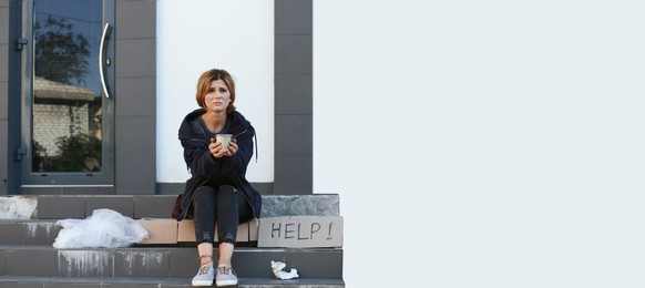 Image of Poor woman with mug begging and asking for help on city street, space for text. Banner design