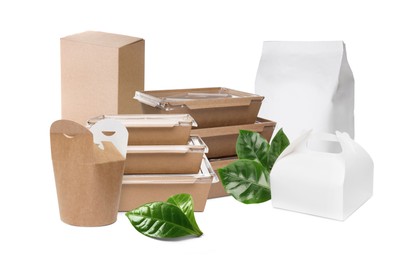 Image of Different containers and green fresh leaves on white background. Banner design
