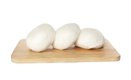 Photo of Wooden board with delicious mozzarella cheese balls on white background