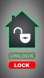 Home alarm system interface on grey background, illustration