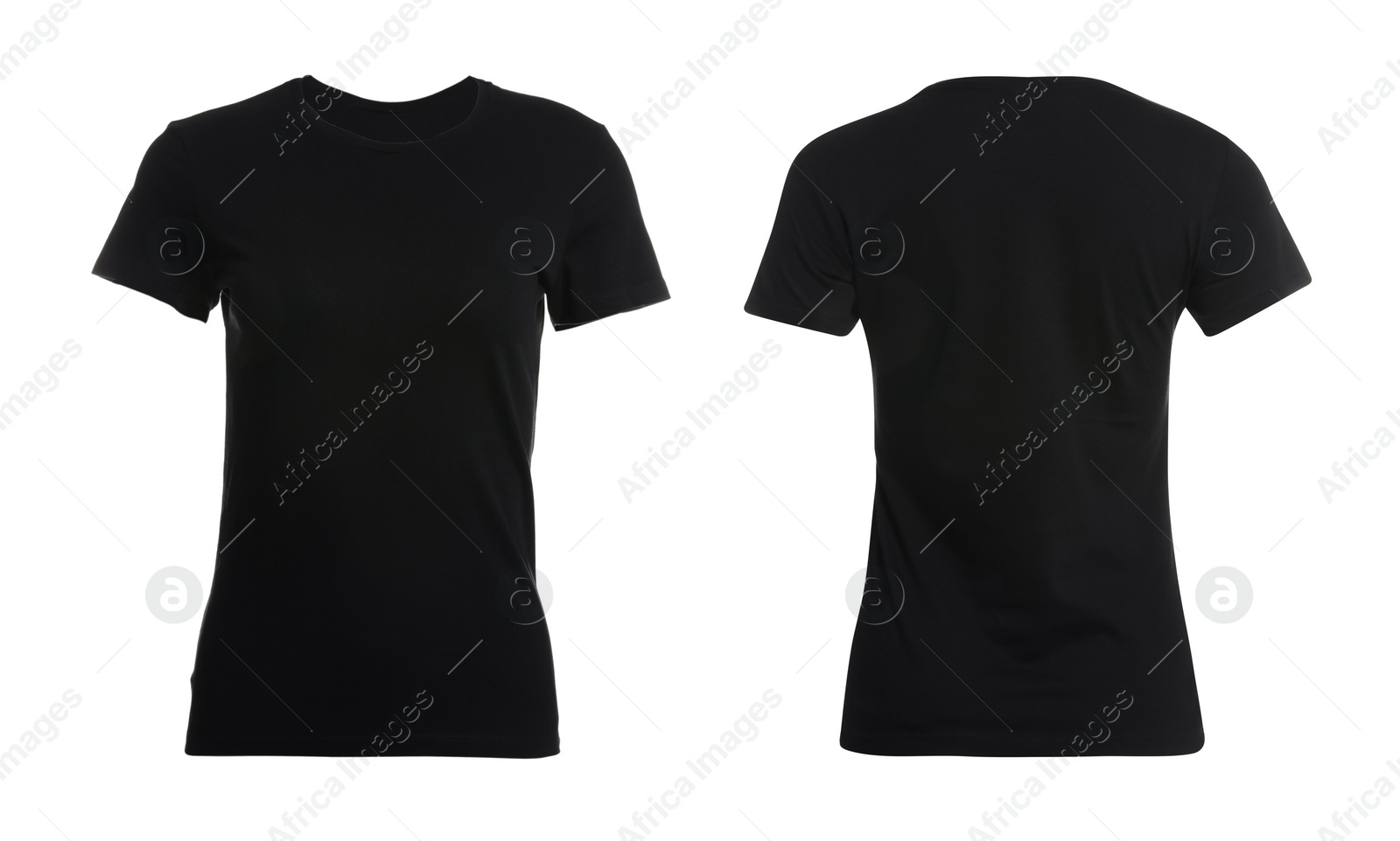 Image of Black t-shirt with space for design isolated on white. Back and front views