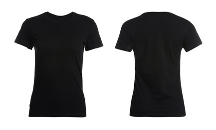 Image of Black t-shirt with space for design isolated on white. Back and front views