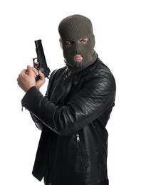 Man wearing knitted balaclava with gun on white background