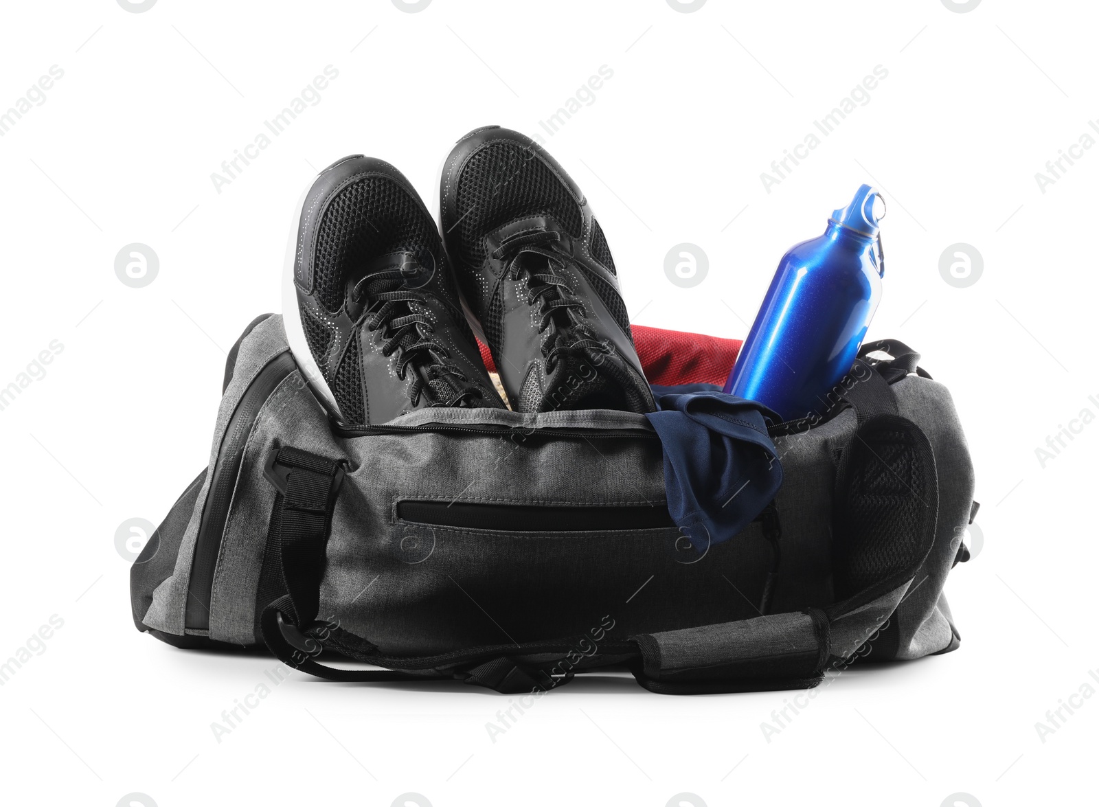 Photo of Sports bag with gym stuff isolated on white